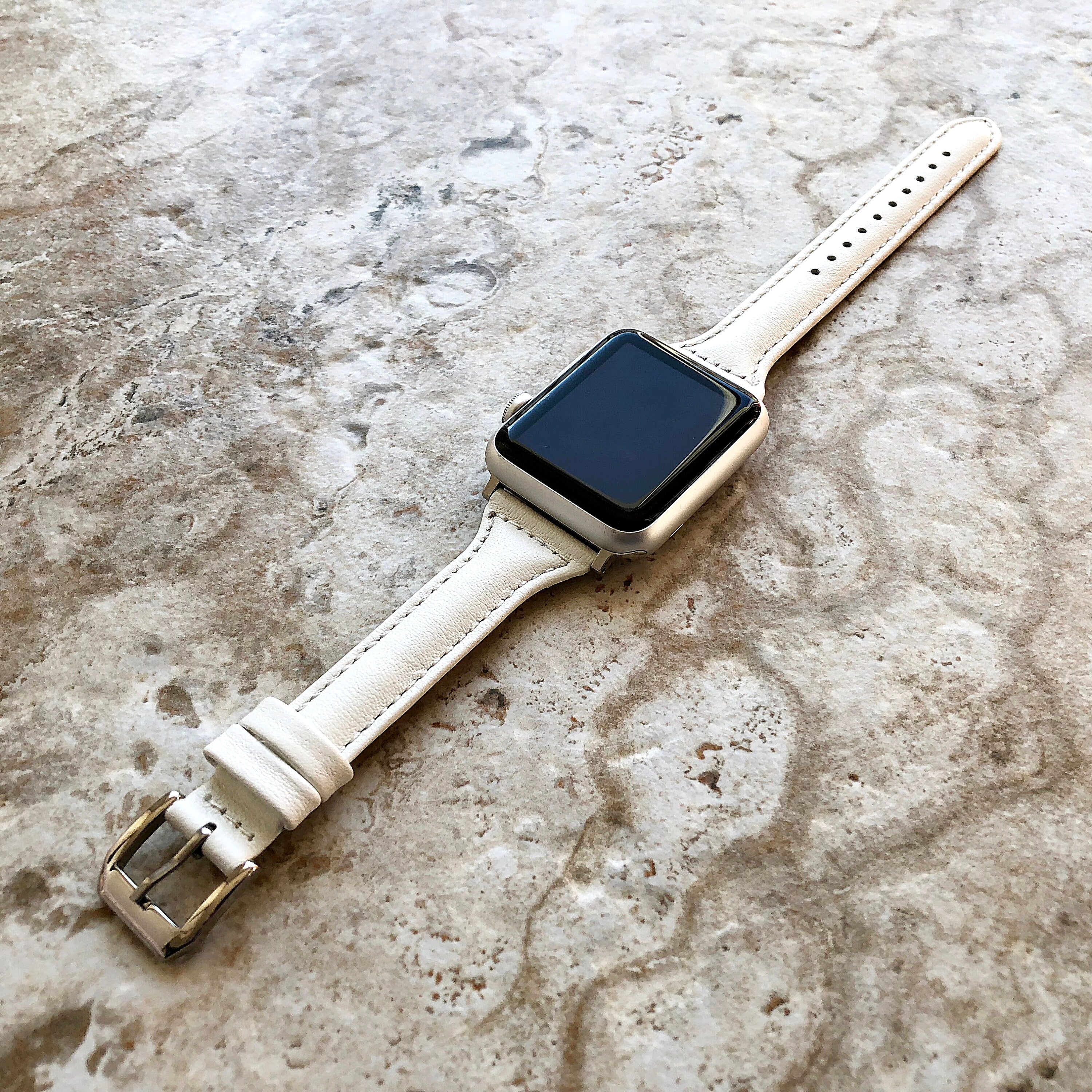 Apple White Color Slim Elegant Soft Leather Band Strap Bracelet for iWatch All Series 38mm 40mm 41mm 42mm 44mm 45mm 49mm Case